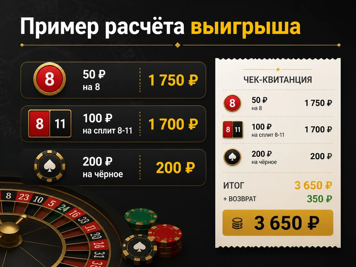 Схема «Пример расчёта выигрыша»: 50 ₽ на 8 — 1 750 ₽; 100 ₽ на сплит 8-11 — 1 700 ₽; 200 ₽ на чёрное — 200 ₽