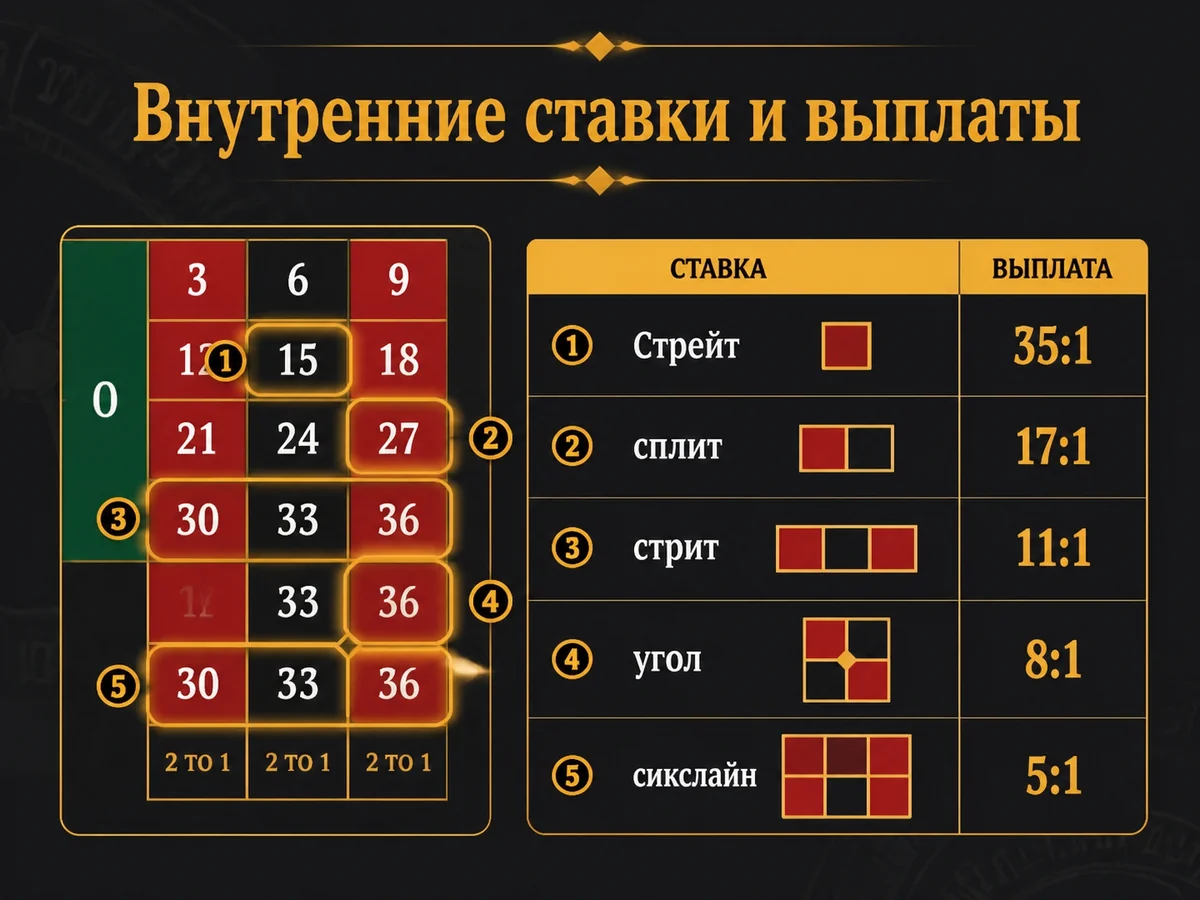 Схема «Внутренние ставки и выплаты»: Стрейт 35:1, сплит 17:1, стрит 11:1, угол 8:1, сикслайн 5:1