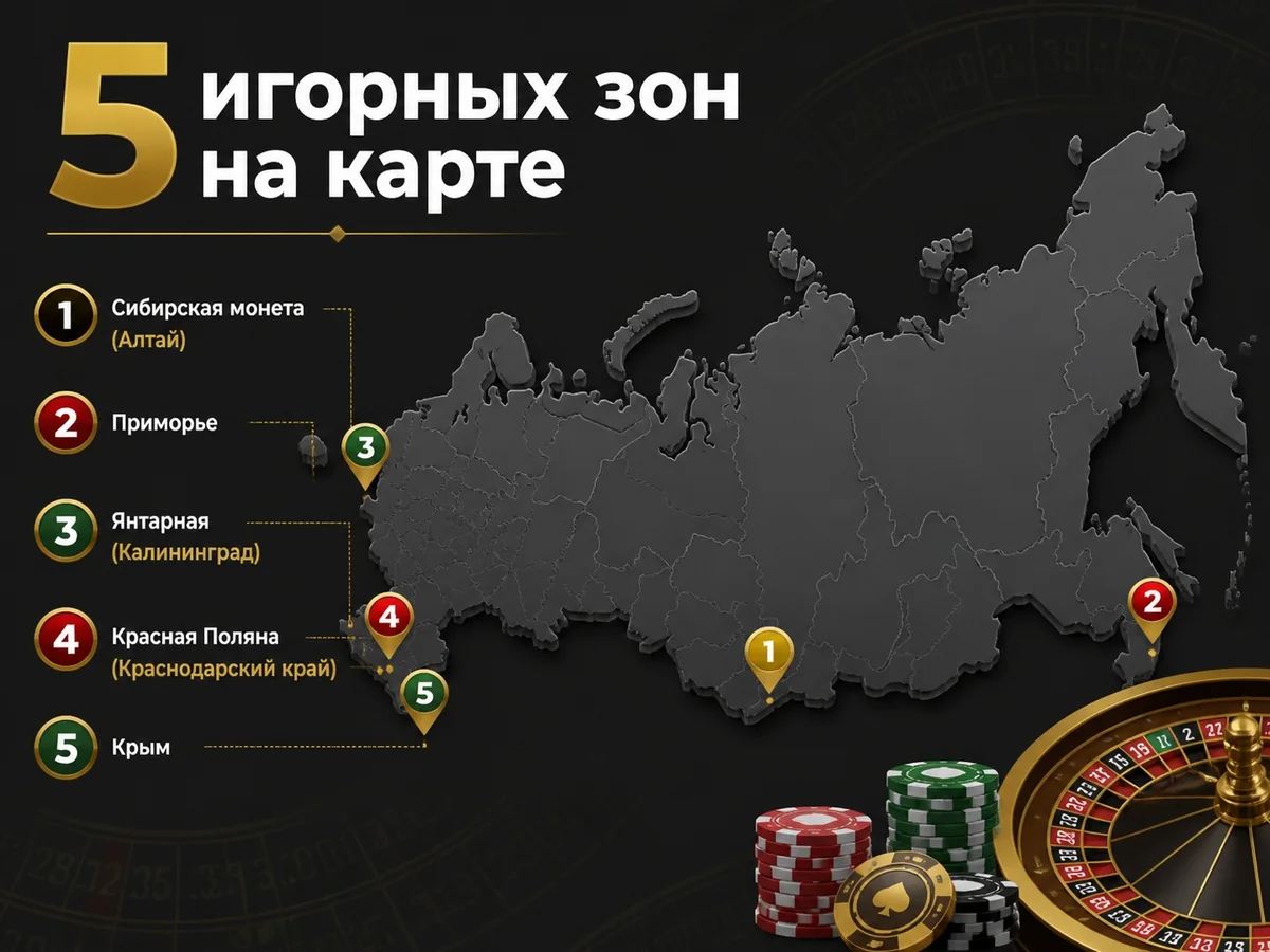 Схема «5 игорных зон на карте»: Сибирская монета, Приморье, Янтарная, Красная Поляна, Крым