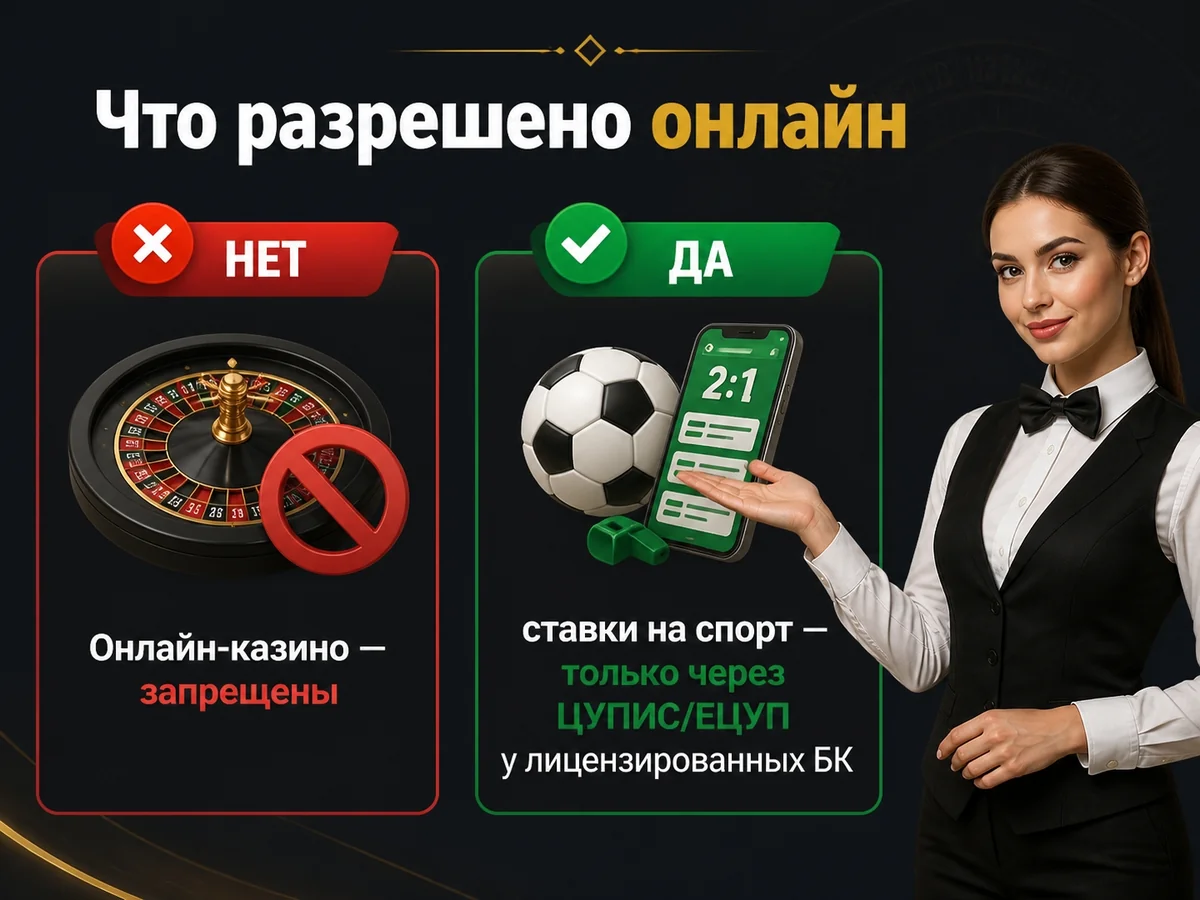 Схема «Что разрешено онлайн»: Онлайн-казино — запрещены, ставки на спорт — только через ЦУПИС/ЕЦУП у лицензированных БК