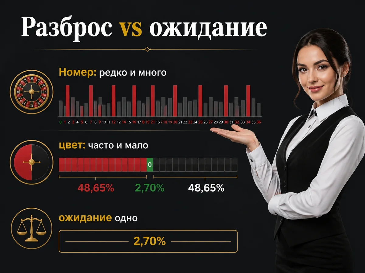 Схема «Разброс vs ожидание»: Номер: редко и много, цвет: часто и мало, ожидание одно