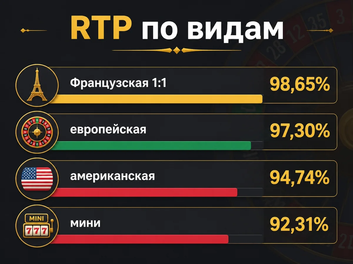 Схема «RTP по видам»: Французская 1:1 — 98,65%, европейская 97,30%, американская 94,74%, мини 92,31%