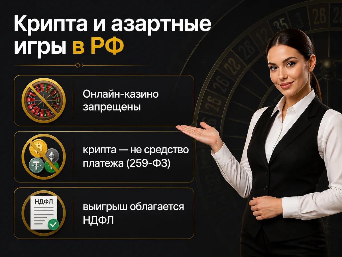 Схема «Крипта и азартные игры в РФ»: Онлайн-казино запрещены; крипта — не средство платежа; выигрыш облагается НДФЛ