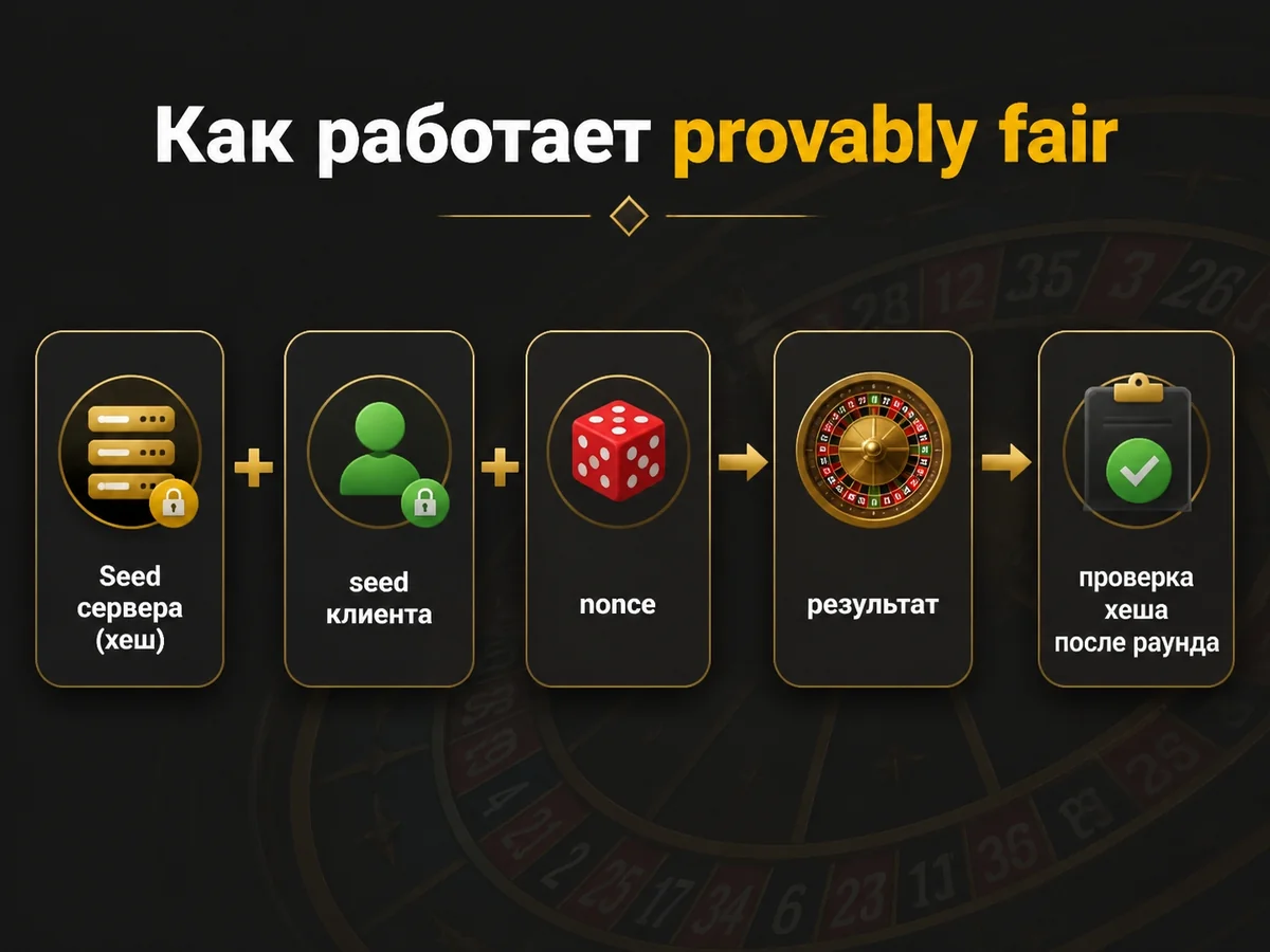 Схема «Как работает provably fair»: Seed сервера + seed клиента + nonce — результат — проверка хеша после раунда
