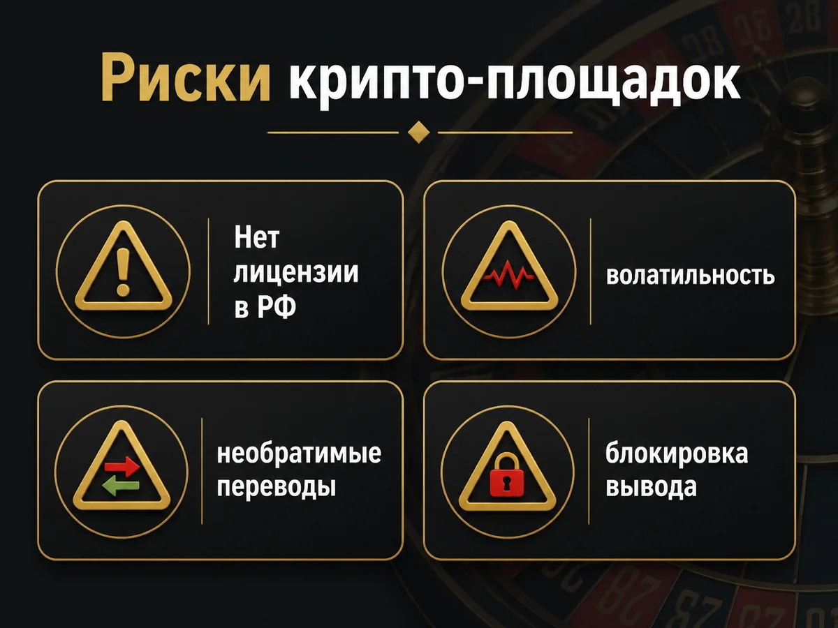Схема «Риски крипто-площадок»: Нет лицензии в РФ, волатильность, необратимые переводы, блокировка вывода