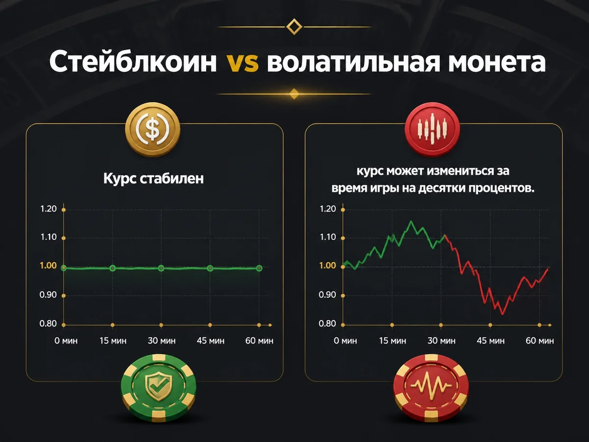Схема «Стейблкоин vs волатильная монета»: Курс стабилен vs курс может измениться за время игры на десятки процентов