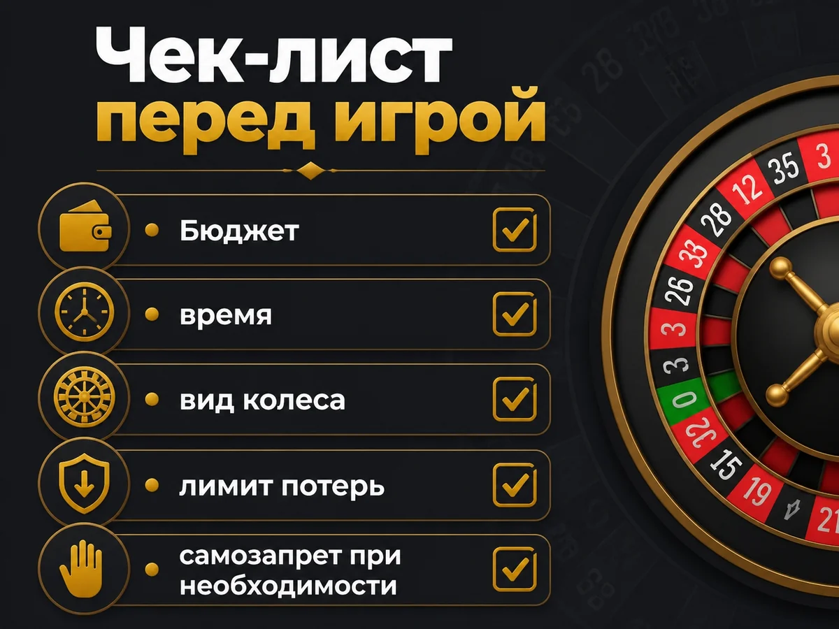 Схема «Чек-лист перед игрой»: Бюджет, время, вид колеса, лимит потерь, самозапрет при необходимости