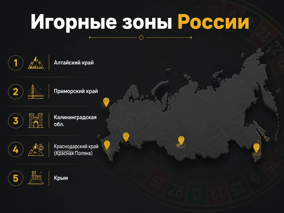 Схема «Игорные зоны России»: Алтайский край, Приморский край, Калининградская обл., Краснодарский край, Крым