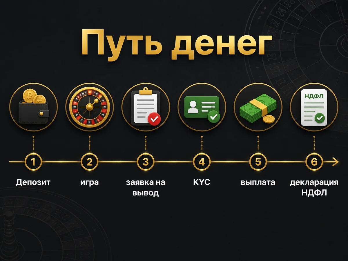 Схема «Путь денег»: Депозит — игра — заявка на вывод — KYC — выплата — декларация НДФЛ
