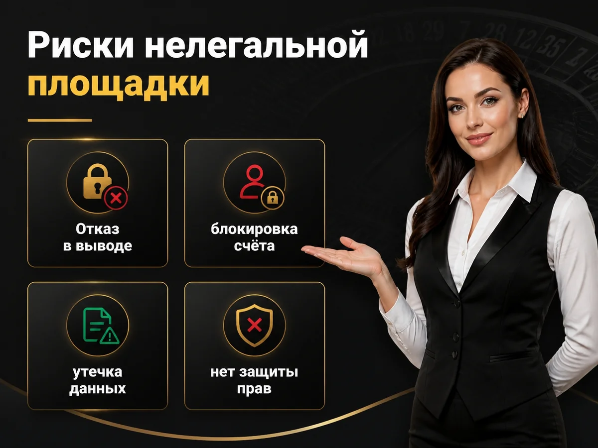Схема «Риски нелегальной площадки»: Отказ в выводе, блокировка счёта, утечка данных, нет защиты прав