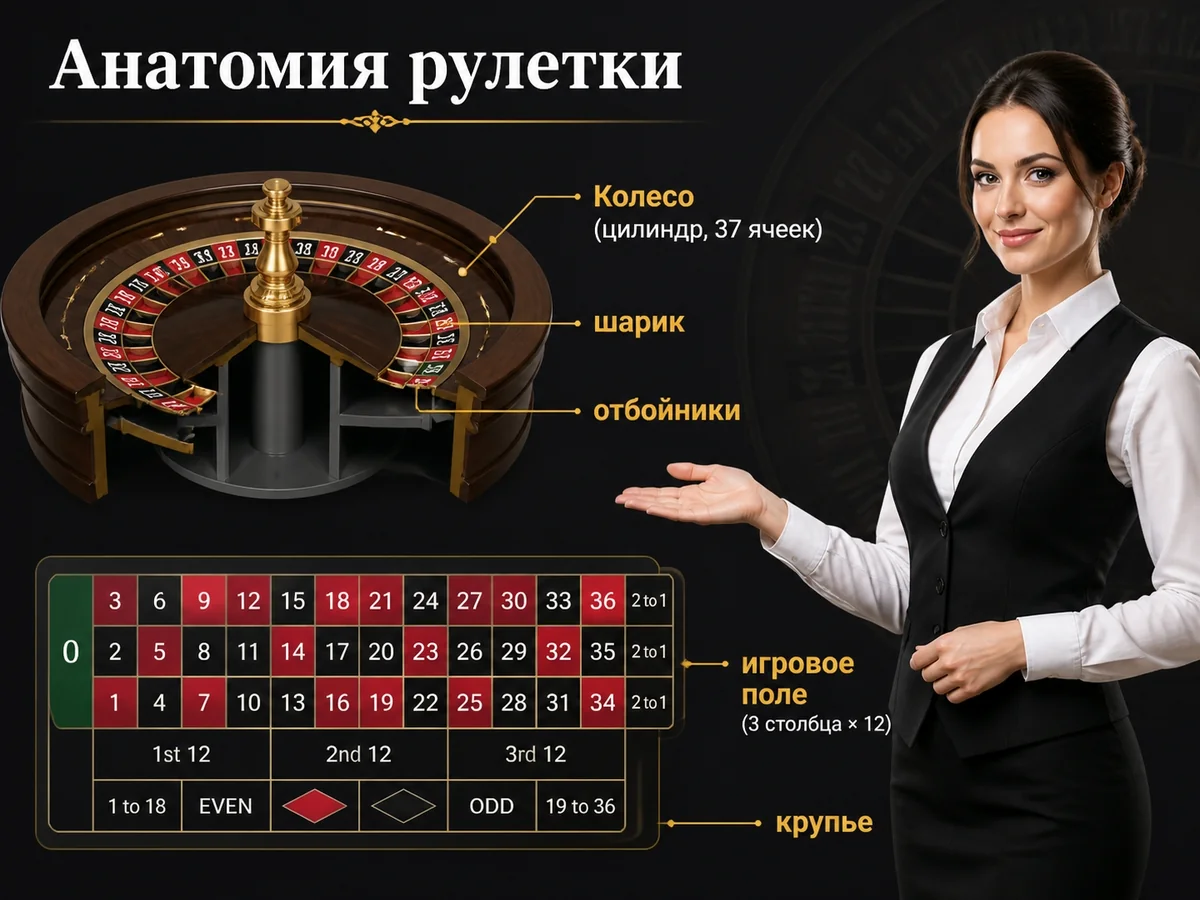 Схема «Анатомия рулетки»: Колесо, шарик, отбойники, игровое поле, крупье