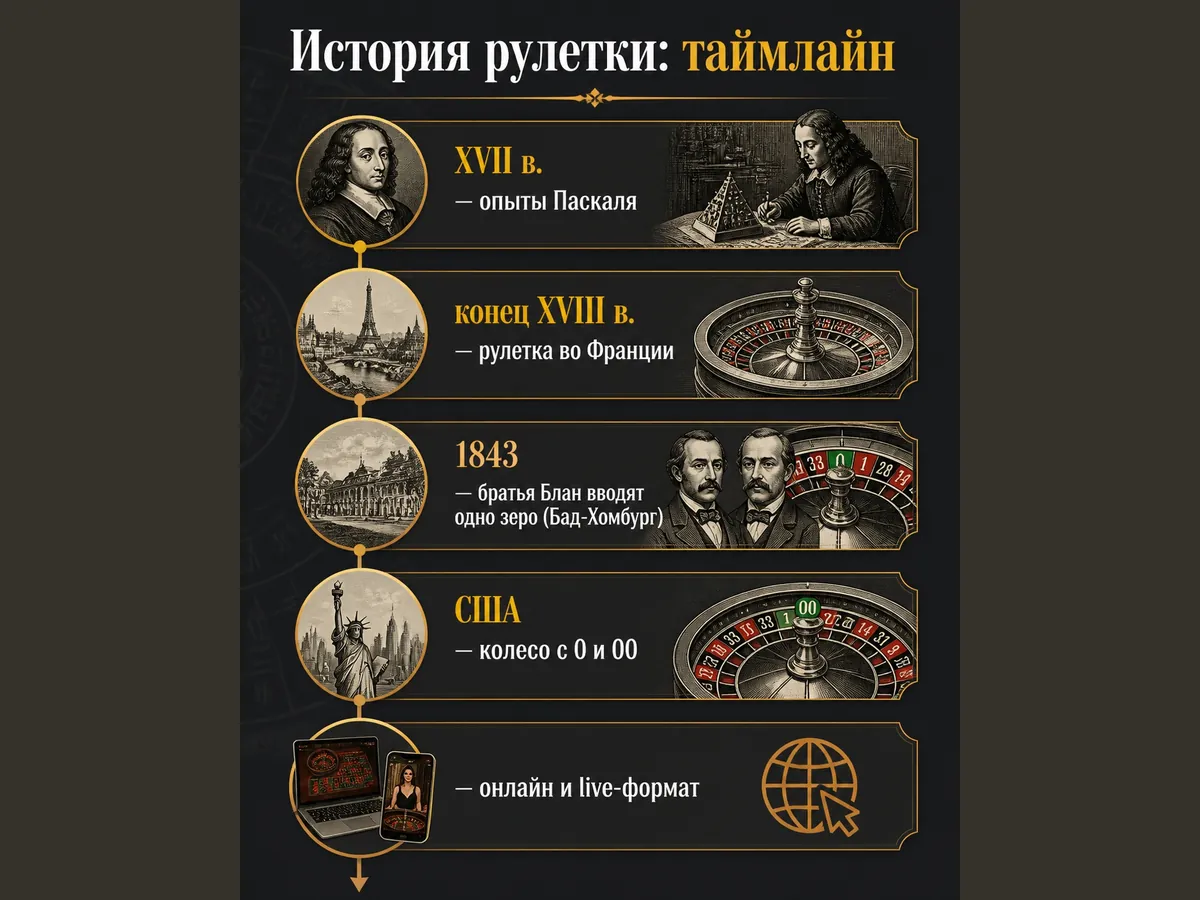 Схема «История рулетки»: таймлайн: XVII в. — опыты Паскаля, конец XVIII в. — рулетка во Франции, 1843 — братья Блан вводят одно зеро