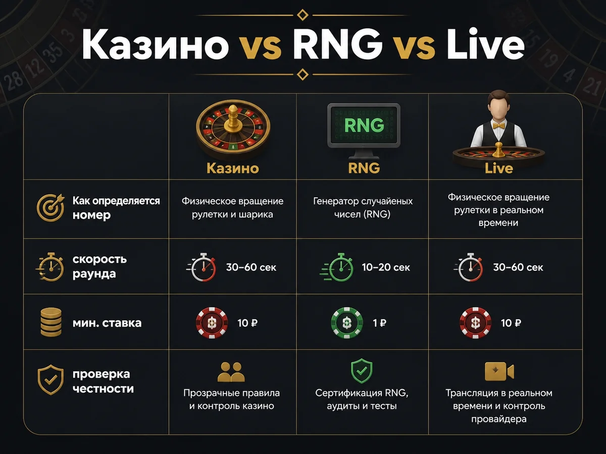 Схема «Казино vs RNG vs Live»: Как определяется номер, скорость раунда, мин. ставка, проверка честности