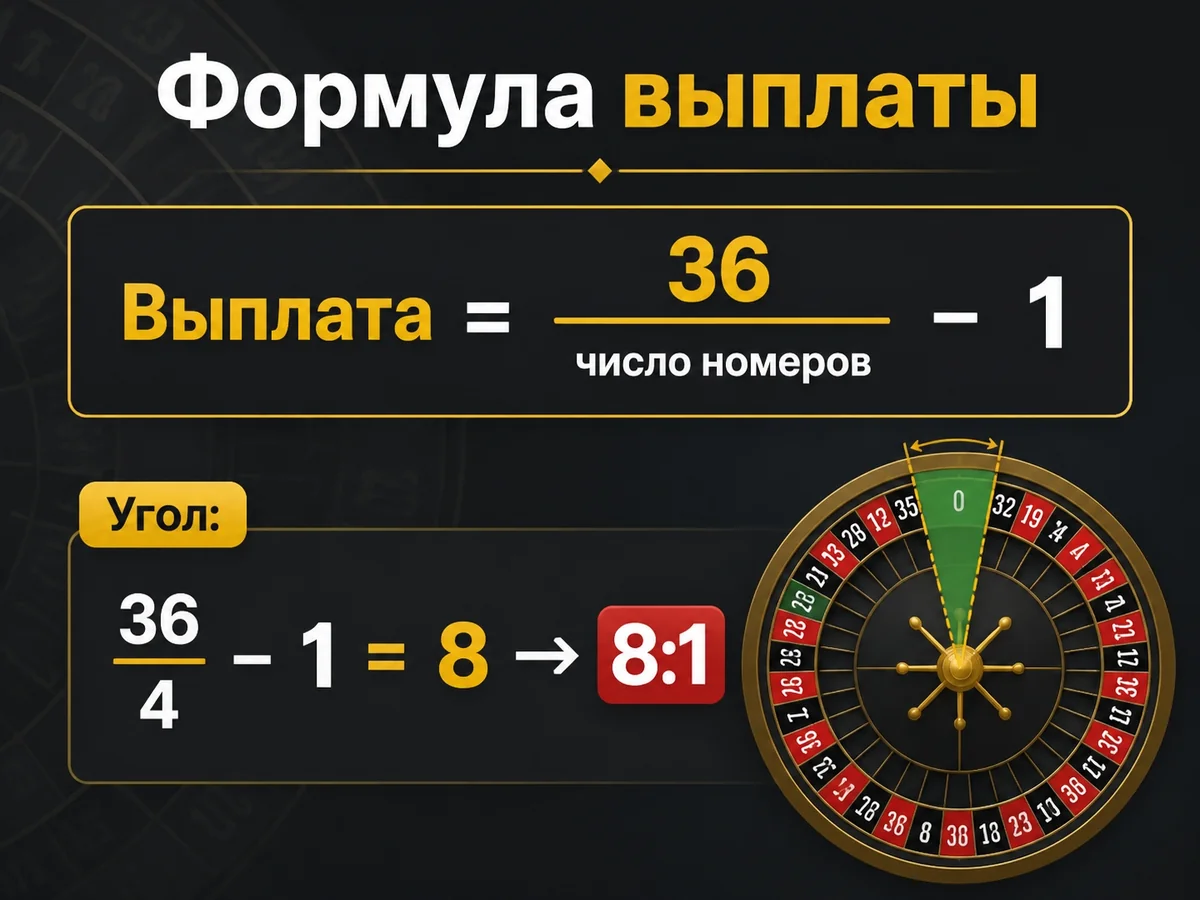 Схема «Формула выплаты»: Выплата = 36 / число номеров − 1. Угол: 36/4 − 1 = 8 — 8:1
