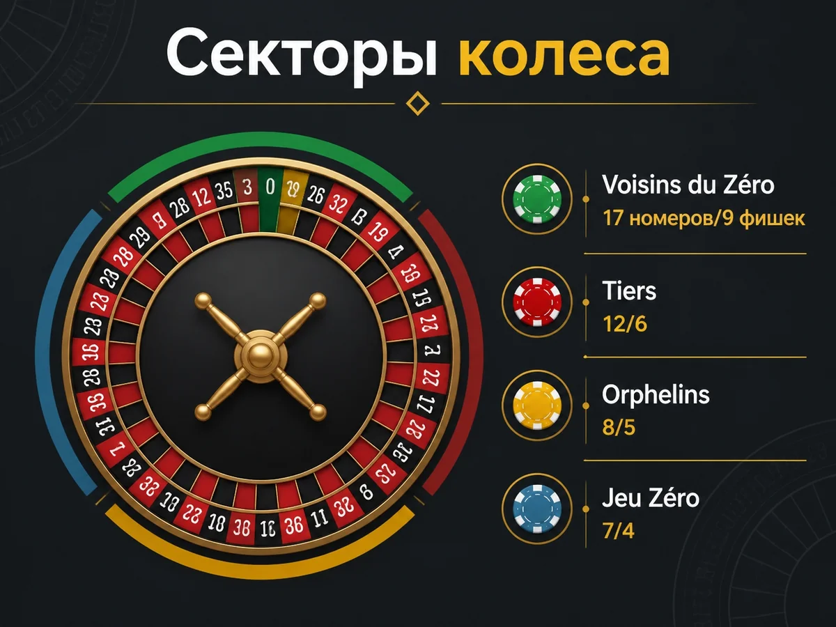 Схема «Секторы колеса»: Voisins du Zéro 17 номеров/9 фишек, Tiers 12/6, Orphelins 8/5, Jeu Zéro 7/4