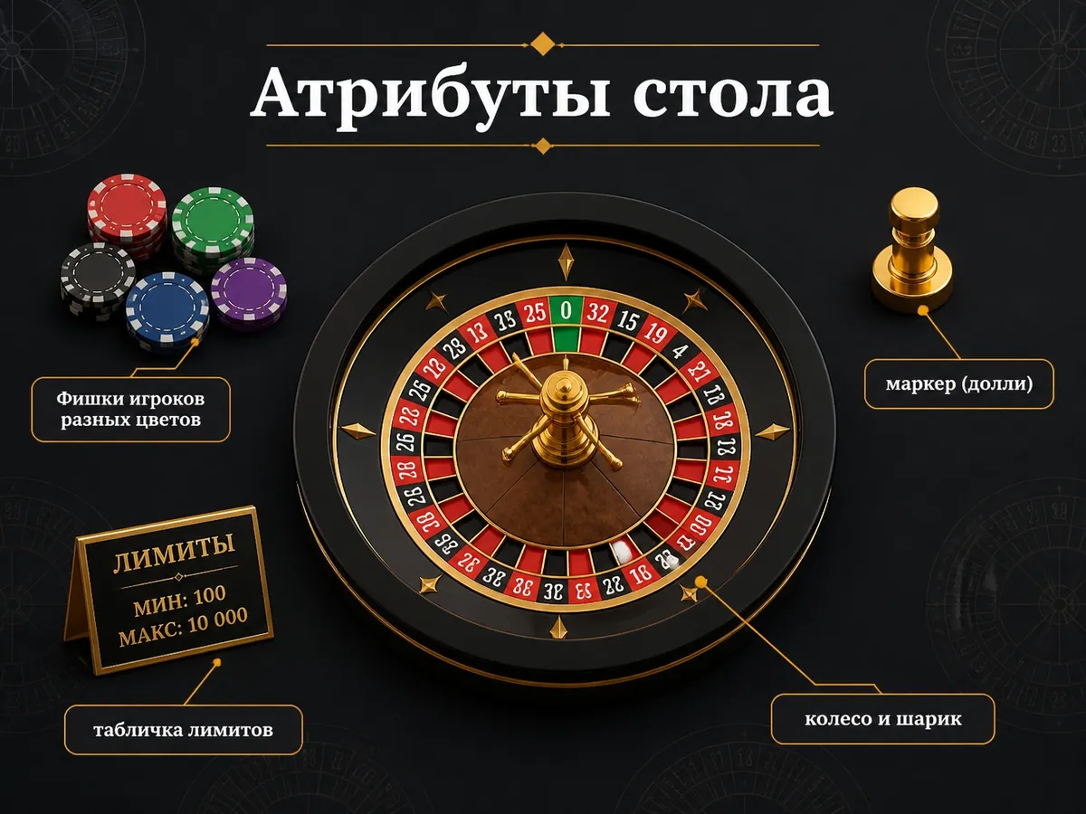 Схема «Атрибуты стола»: Фишки игроков разных цветов, маркер, табличка лимитов, колесо и шарик