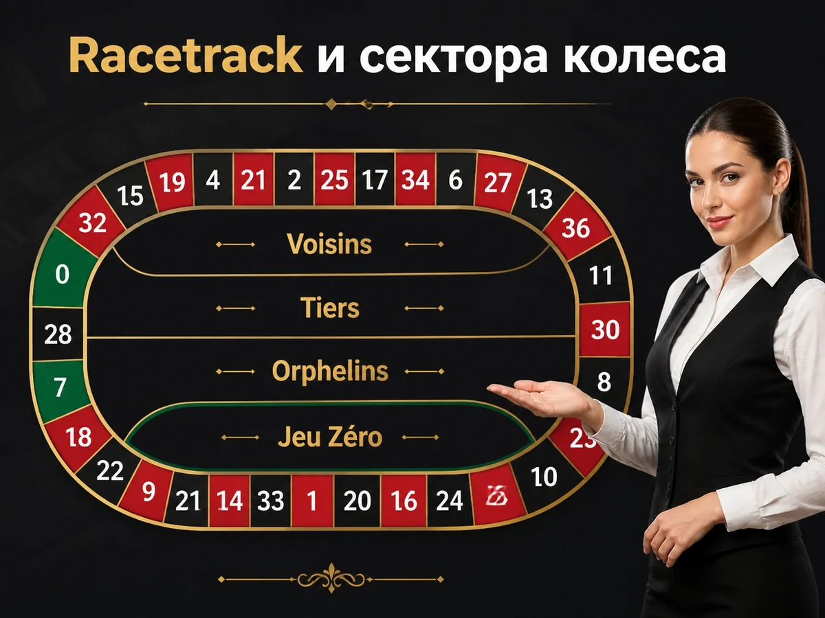 Схема «Racetrack и сектора колеса»: Voisins, Tiers, Orphelins, Jeu Zéro на овальной дорожке