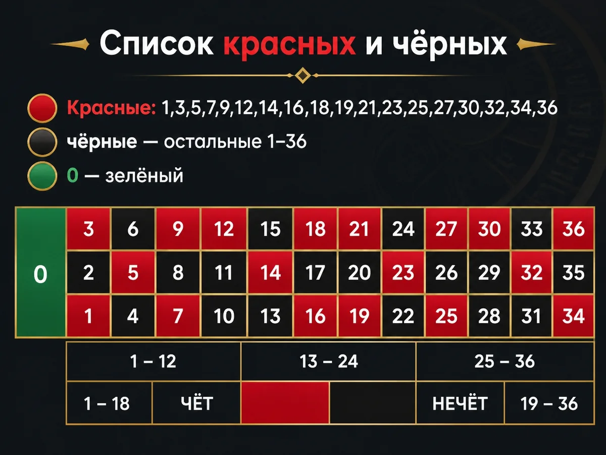 Схема «Список красных и чёрных»: Красные: 1,3,5,7,9,12,14,16,18,19,21,23,25,27,30,32,34,36; чёрные — остальные 1–36; 0 — зелёный