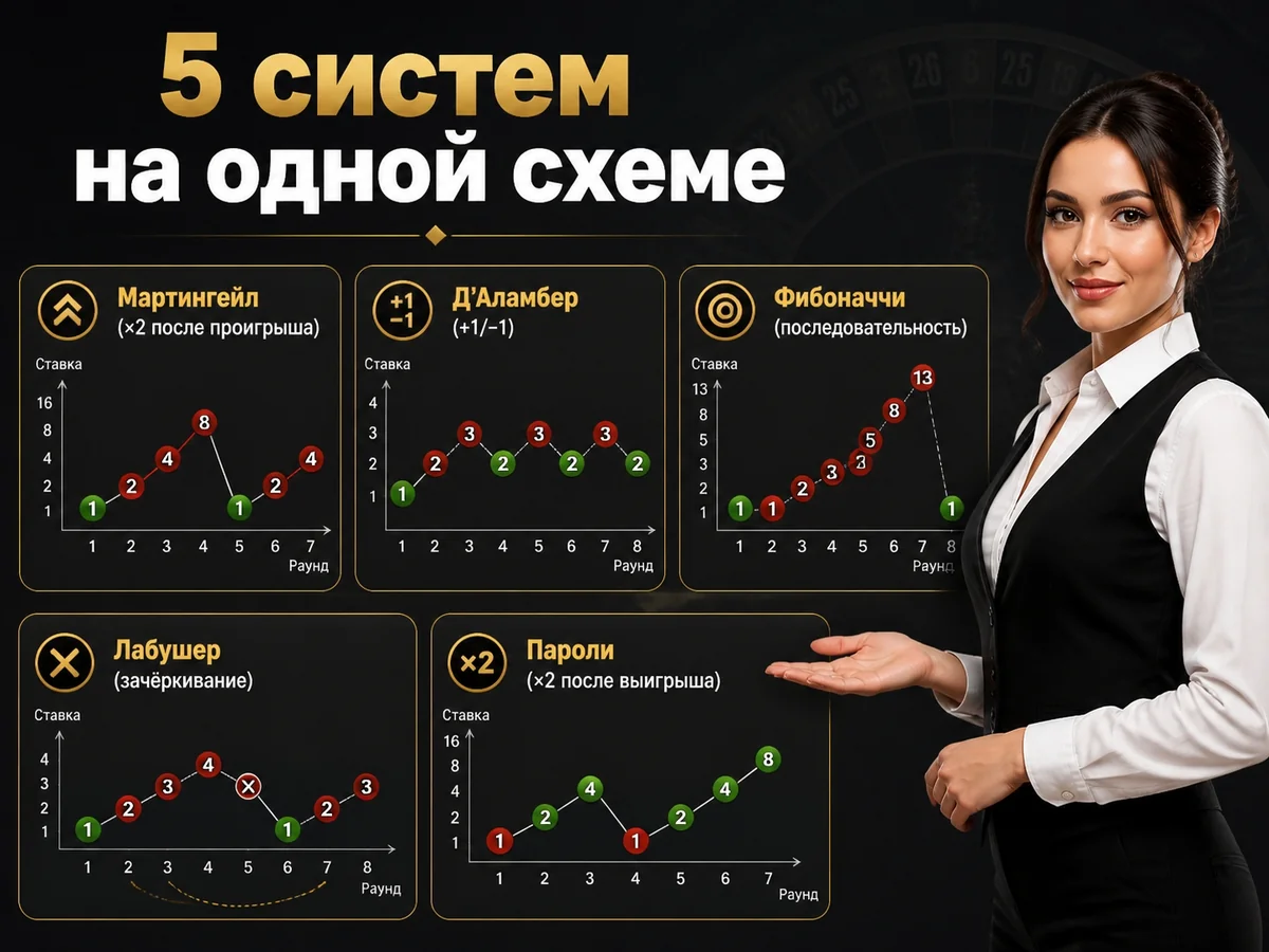 Схема «5 систем на одной схеме»: Мартингейл, Д'Аламбер, Фибоначчи, Лабушер, Пароли
