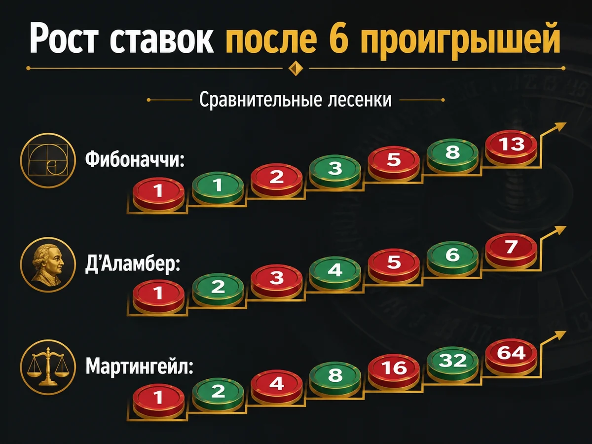 Схема «Рост ставок после 6 проигрышей»: Фибоначчи: 1-1-2-3-5-8-13, Д'Аламбер: 1-2-3-4-5-6-7, Мартингейл: 1-2-4-8-16-32-64