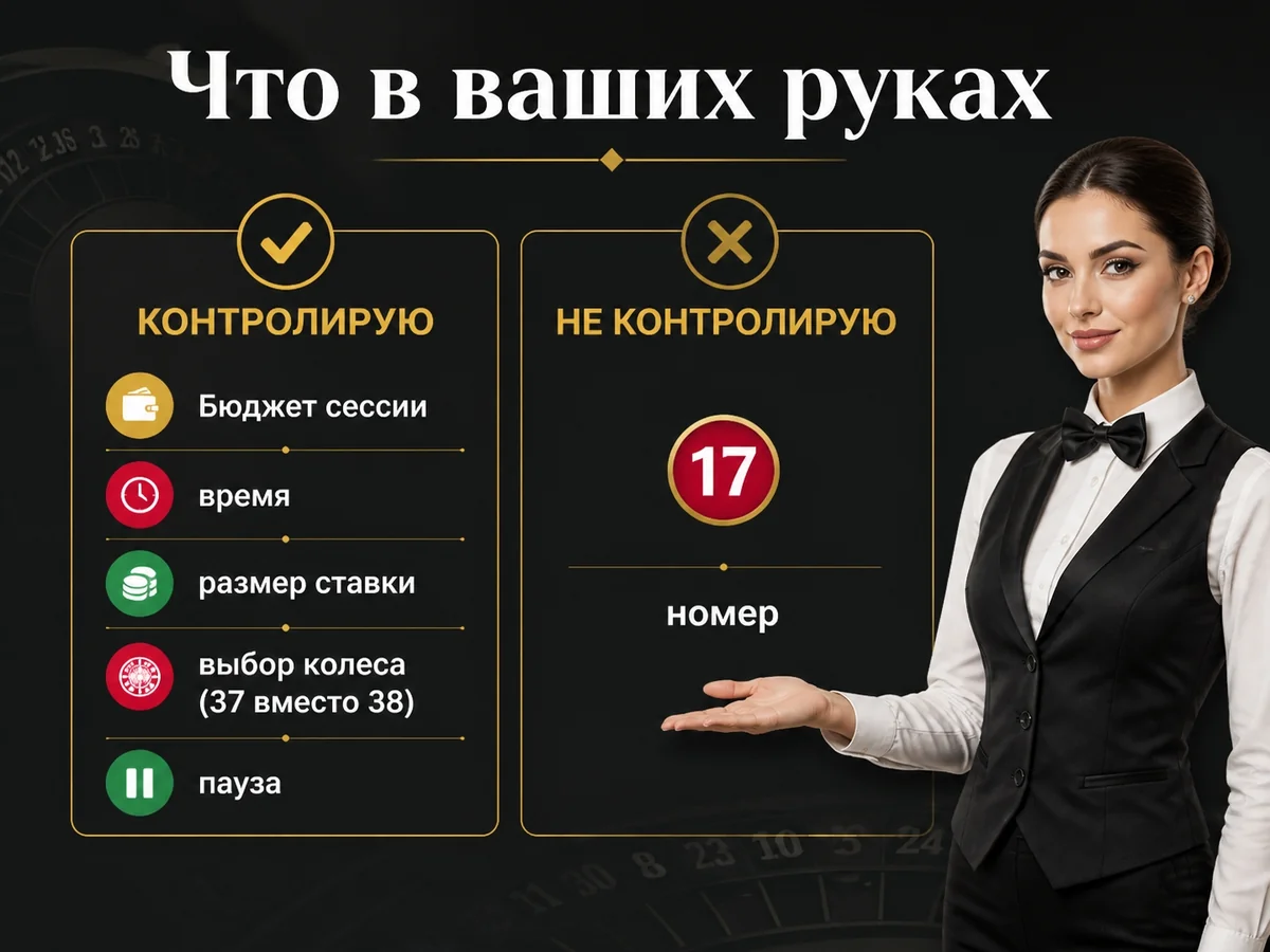 Схема «Что в ваших руках»: Бюджет сессии, время, размер ставки, выбор колеса, пауза. Не контролируется: номер