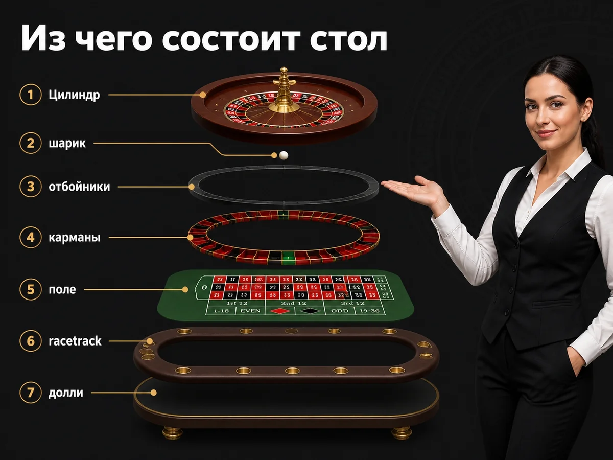 Схема «Из чего состоит стол»: Цилиндр, шарик, отбойники, карманы, поле, racetrack, долли