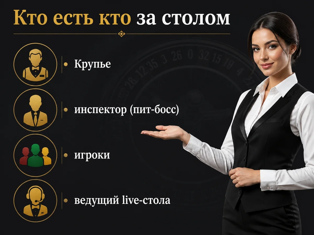Схема «Кто есть кто за столом»: Крупье, инспектор, игроки, ведущий live-стола