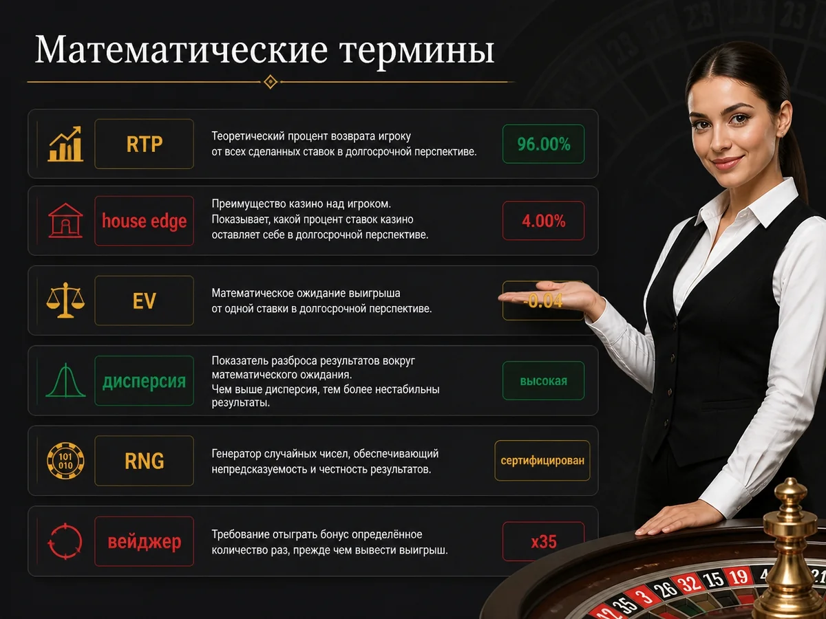 Схема «Математические термины»: RTP, house edge, EV, дисперсия, RNG, вейджер — по одной строке
