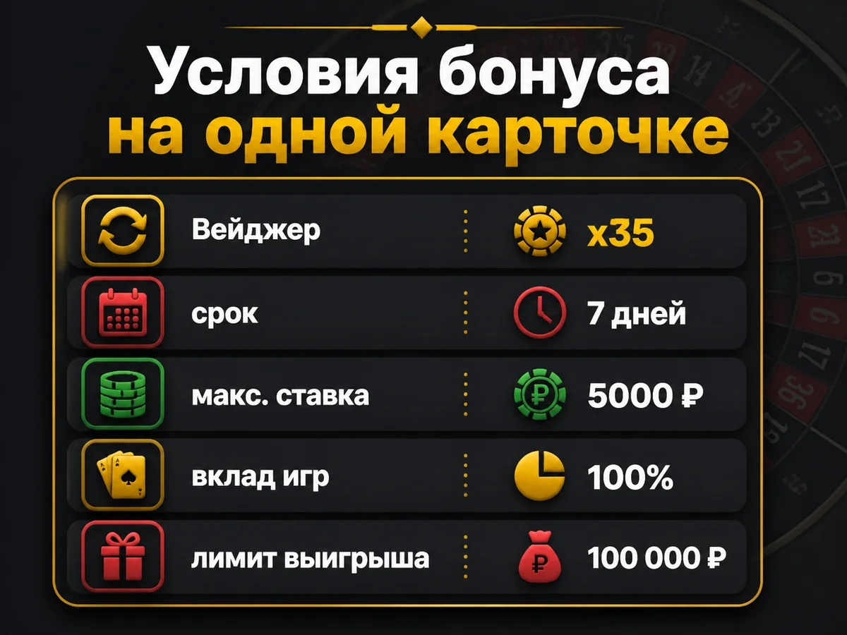 Схема «Условия бонуса на одной карточке»: Вейджер, срок, макс. ставка, вклад игр, лимит выигрыша