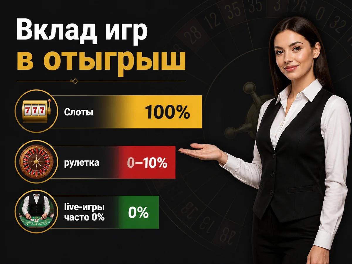 Схема «Вклад игр в отыгрыш»: Слоты 100%, рулетка 0–10%, live-игры часто 0%