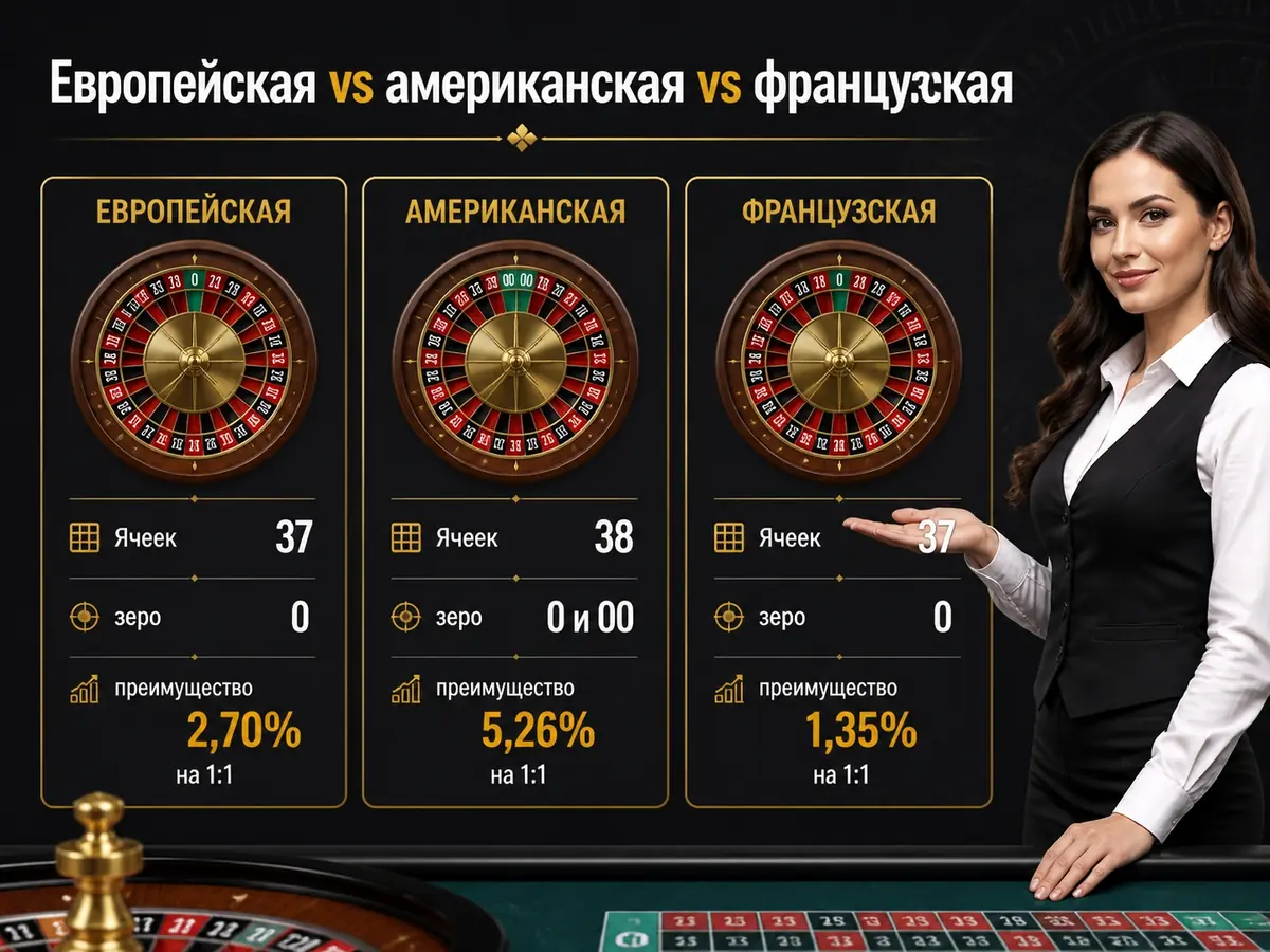 Схема «Европейская vs американская vs французская»: Ячеек 37/38/37, зеро 0 / 0 и 00 / 0, преимущество 2,70% / 5,26% / 1,35% на 1:1
