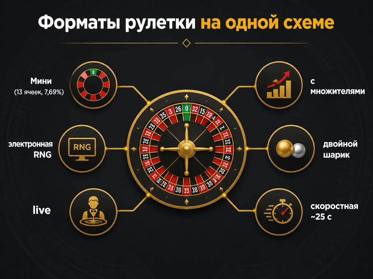 Схема «Форматы рулетки на одной схеме»: Мини, электронная RNG, live, с множителями, двойной шарик, скоростная ~25 с
