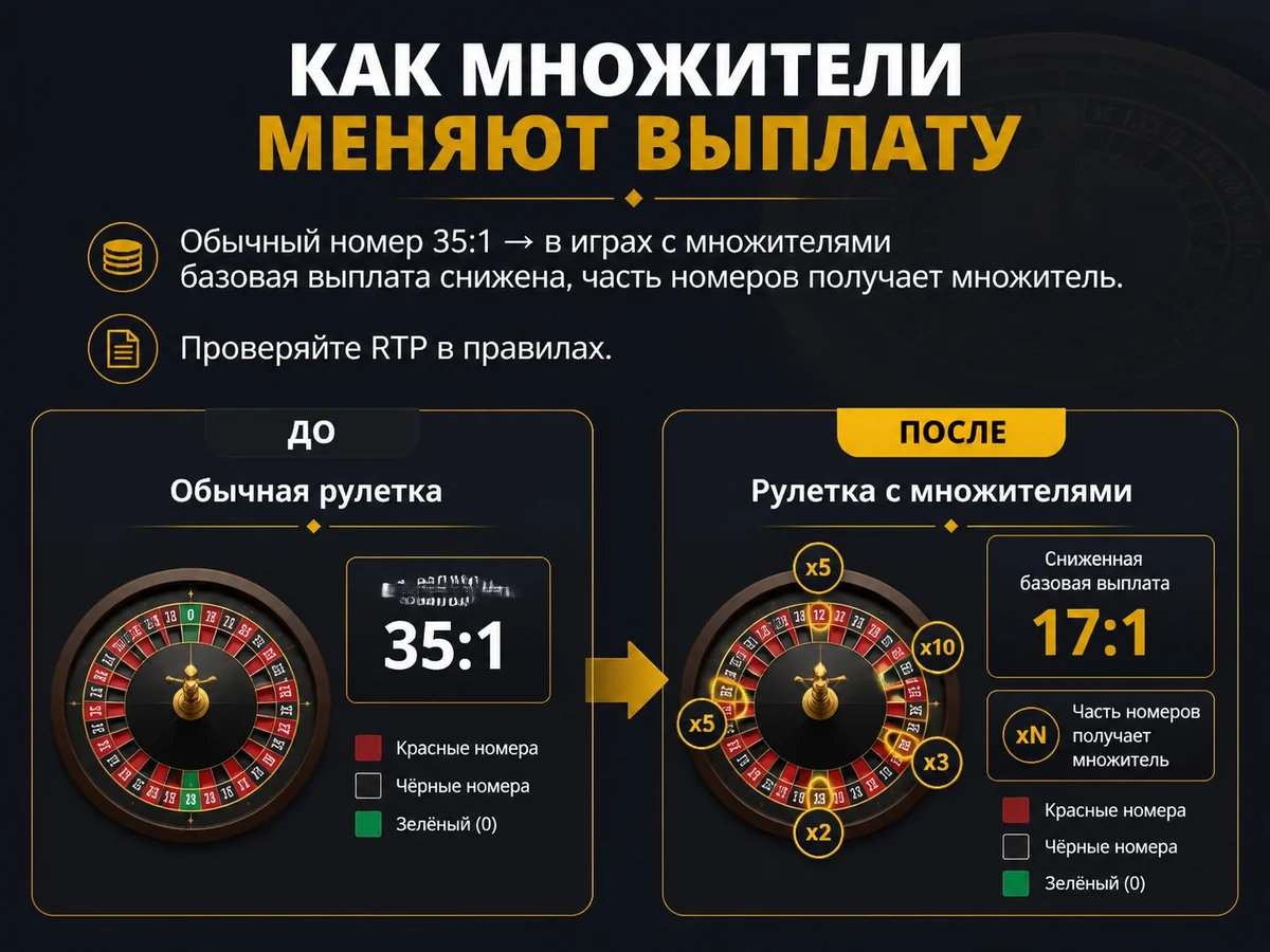 Схема «Как множители меняют выплату»: Обычный номер 35:1 — в играх с множителями базовая выплата снижена