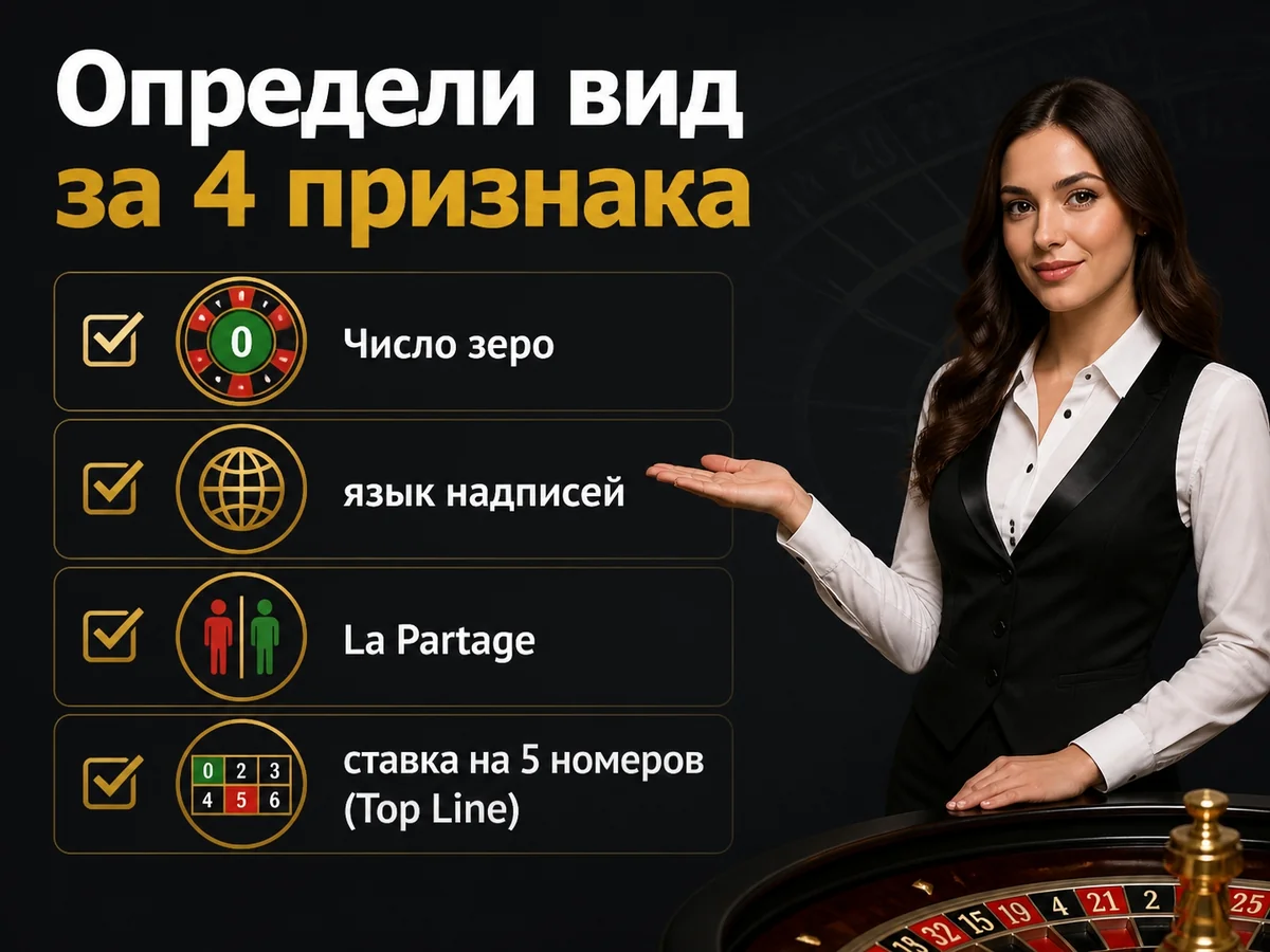 Схема «Определи вид за 4 признака»: Число зеро, язык надписей, La Partage, ставка на 5 номеров